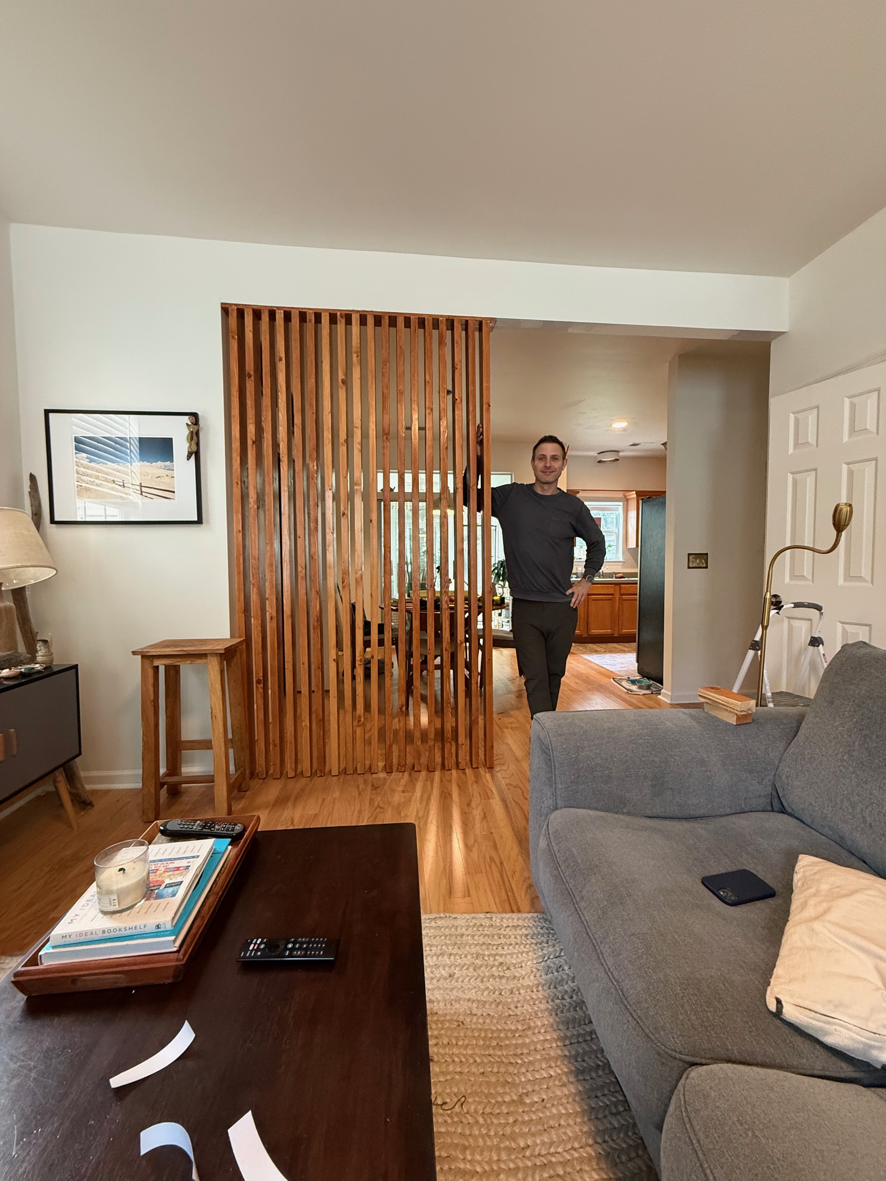 Slat wall after, living room view